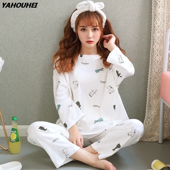 

100% Cotton Print Pajama Sets For Women 2019 Autumn Long Sleeve Pyjama Girls Cute Pijama Mujer Loungewear Homewear Home Clothing