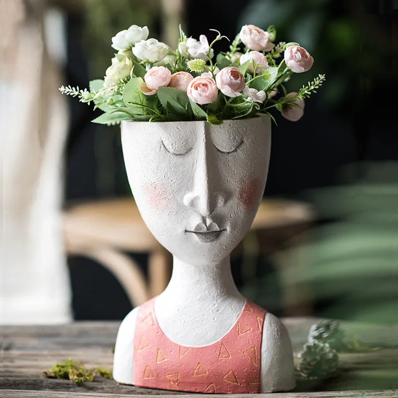Художественный портрет цветочный горшок ваза скульптура Смола человеческое лицо семейный цветочный горшок ручной работы садовое хранение Цветочная композиция домашний декор