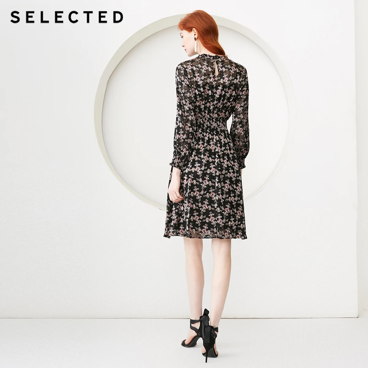 Отборные Цветные Цветочные печати крошечные стоячий воротник эластичный пояс платье S | 41912J508