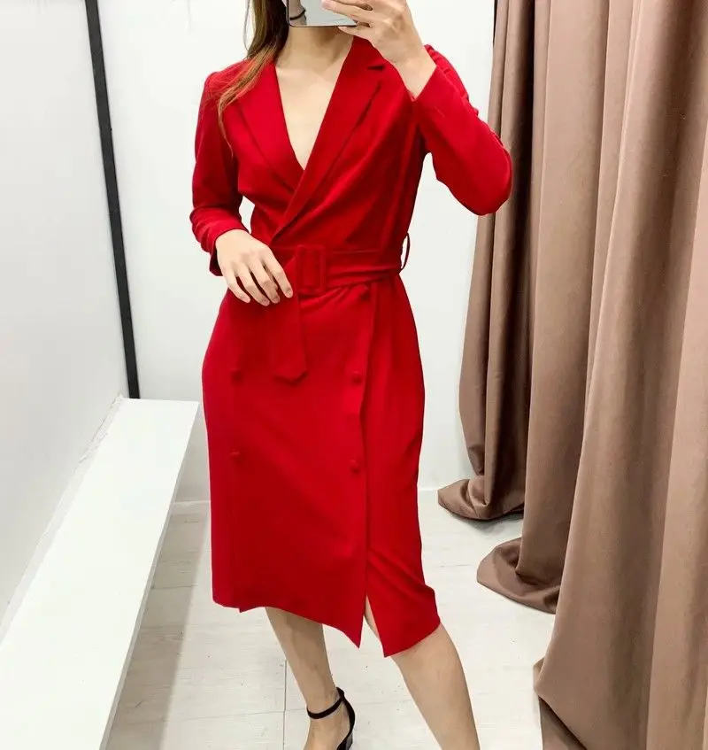 

2020 Spring-Style Fold-down Collar Long Sleeve Double Breasted Belt Lace-up Dress Long Skirts WOMEN'S Dress