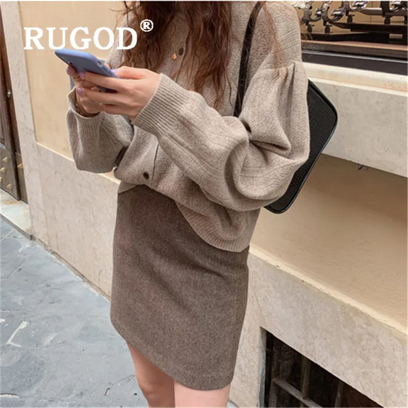 RUGOD, корейский стиль, шикарный винтажный буф с рукавами, однотонный кардиган с круглым вырезом, однобортный простой свитер с вырезом