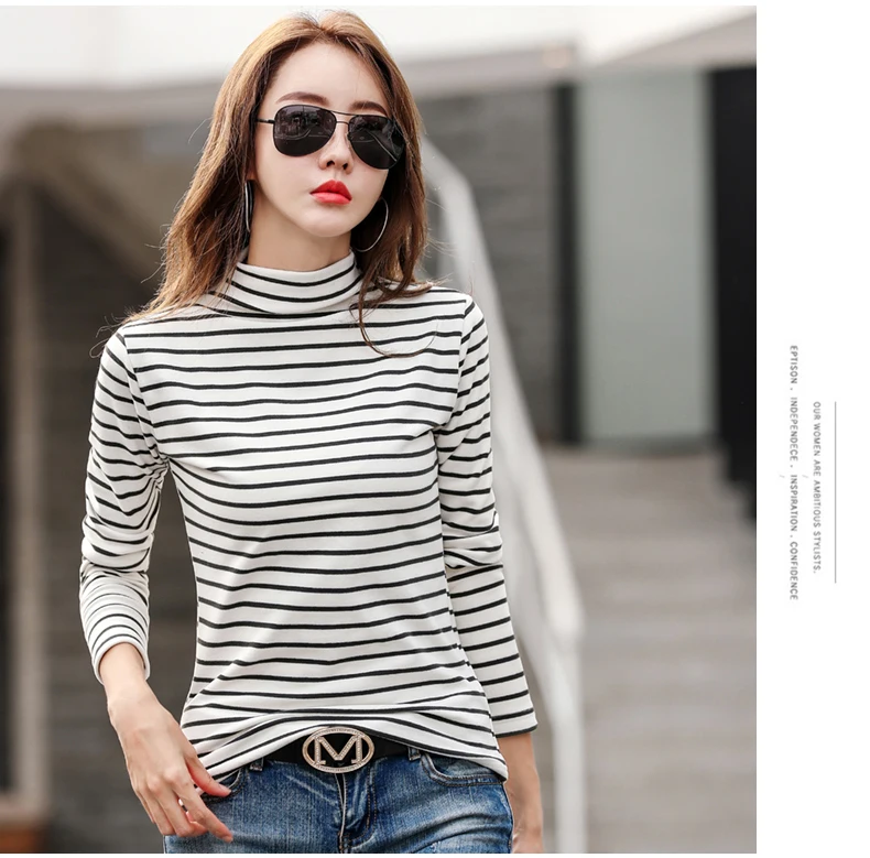Striped Thicken T Shirt Women Turtleneck Tshirt Woman Clothes Poleras Mujer De Moda Fall Long Sleeve Cotton Tees Female