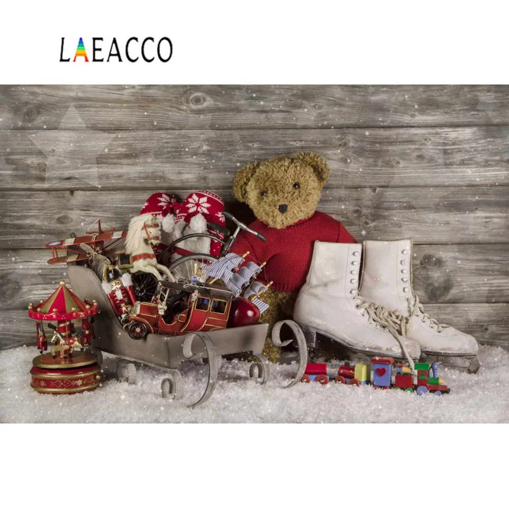 

Laeacco Christmas Backdrop For Photography Sledge Baby Toys Skate Shoe Teddy Bear Wooden Wall Snow Baby Photo Backdrop Photocall