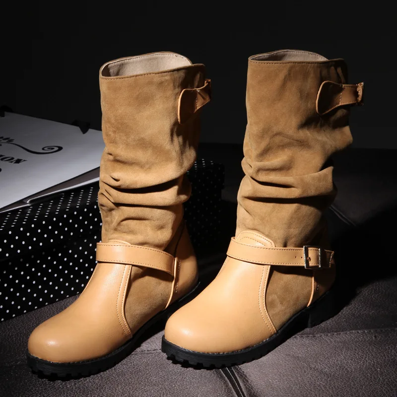 Botas mujer/женские сапоги до колена; винтажные сапоги для верховой езды из искусственной кожи на низком каблуке; женская обувь без застежки на платформе; большие размеры; chaussures