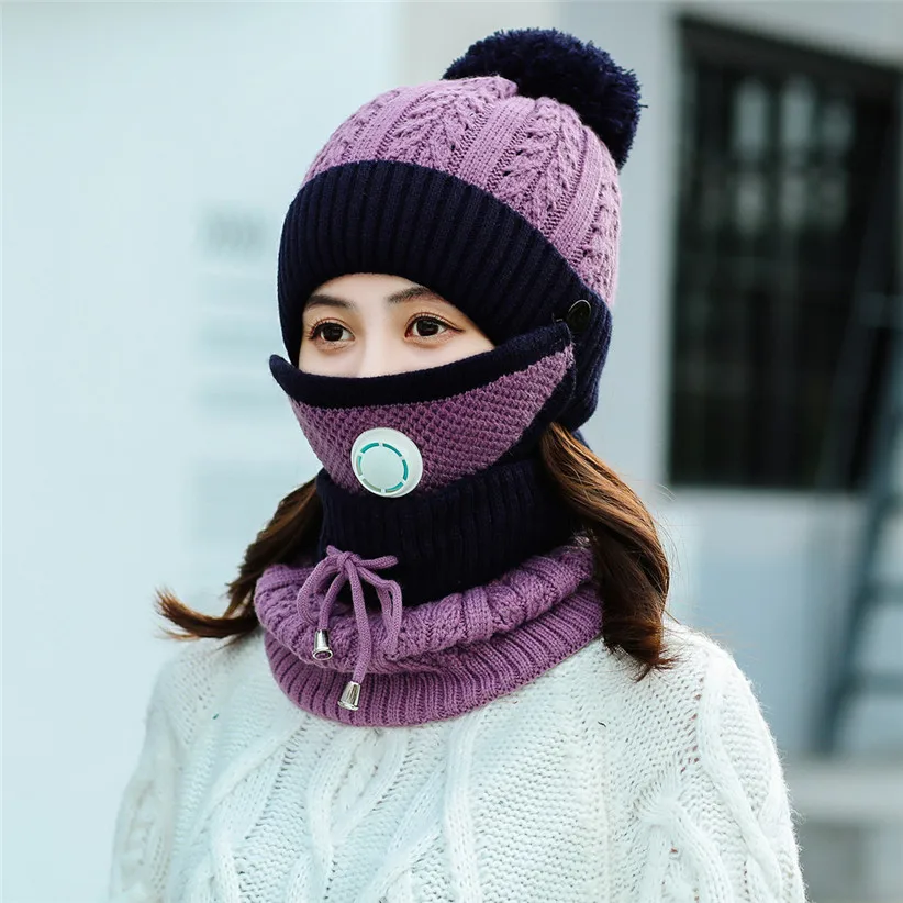 Winter Knit Set Women Girls Patchwork Ball Hat Skullies Beanies Lace-up Scarf O Ring Face Mask Woman Ski Cap 9108
