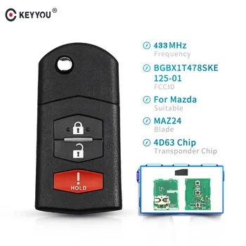 

KEYYOU 433Mhz Remote Car Key BGBX1T478SKE125-01 Transponder Chip 4D63 For Mazda 3 5 2011-2015 For Mazda CX-7 CX7 2009-2012