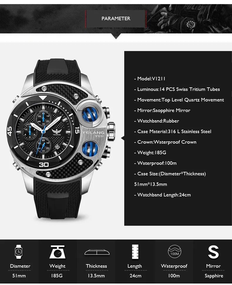 Тритий часы, наручные часы мужские Yelang мужские военные T100 светящиеся водонепроницаемые мужские Спортивные кварцевые наручные часы erkek kol saati V1211