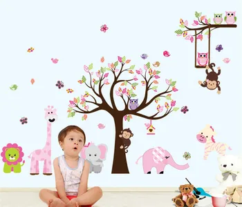 

XXL Cartoon Animals Zoo Owl Butterfly Monkey Wall Stickers for Kids Room Home Decor Colorful Tree Decal Stick on Wall