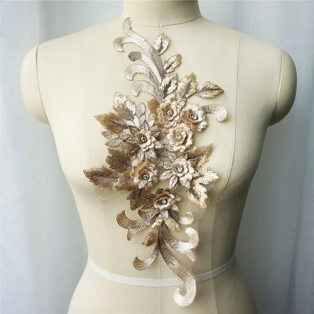 Gold Lace Fabric Sequin 3d Flowers Rhinestone Tassel Wedding Gown