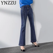 YNZZU Осень Зима Высокая талия джинсы женские корейский стиль элегантный с поясом женские винтажные женские джинсы брюки плюс размер AB213