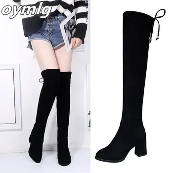 

New Flock Leather Women Over The Knee Boots Lace Up Sexy High Heels Women Shoes Lace Up Winter Boots Warm Size 35-40
