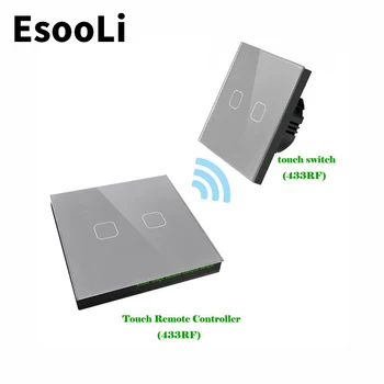 

EsooLi Grey 1/2/3 Gang 2 Way EU Standard Wireless Remote Wall Light Touch Switch Wireless Stick Remote Touch Switch MUTE Switch