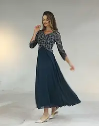 2019 женское шифоновое платье с бусинами длиной до середины икры с длинными рукавами для мамы невесты размера плюс Vestidos De Madrina