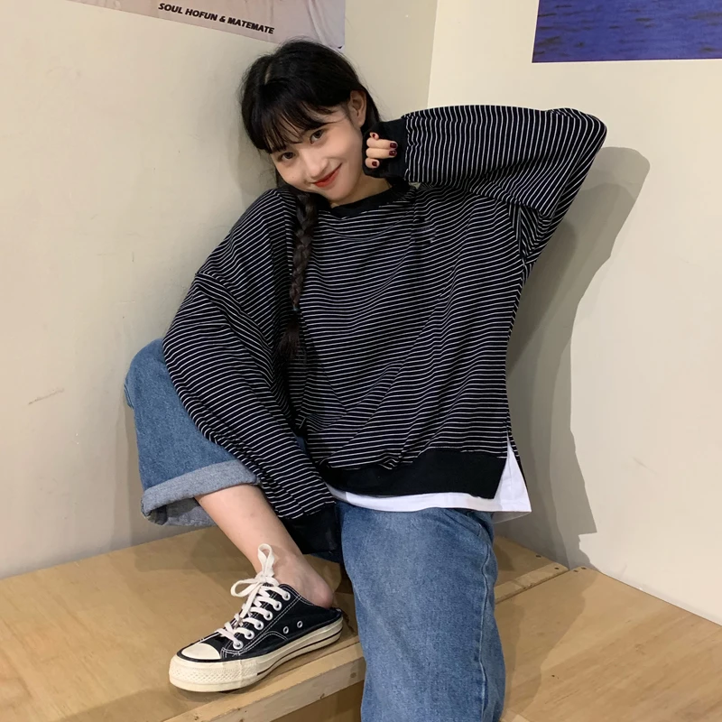 

Korean BF Style Striped Loose Hoodie Sweatshirt Women Fashion Fake Two Piece Pullover Hoody Autumn Winter Ladies Casual Top