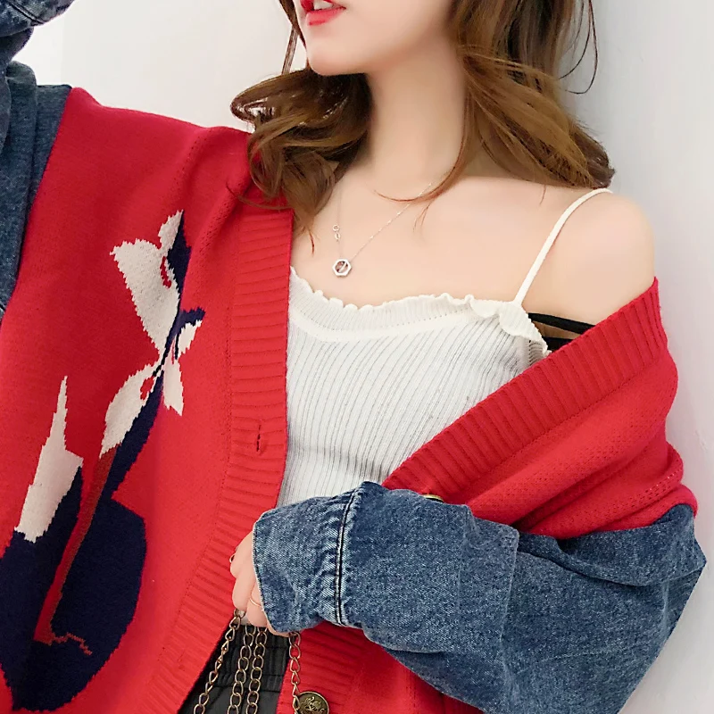 Neploe Women Sweater Cardigans Autumn Winter Korean Demin Patchwork Knit Coat Jacket Cartoon Embroidery Knitwear Coat 55334