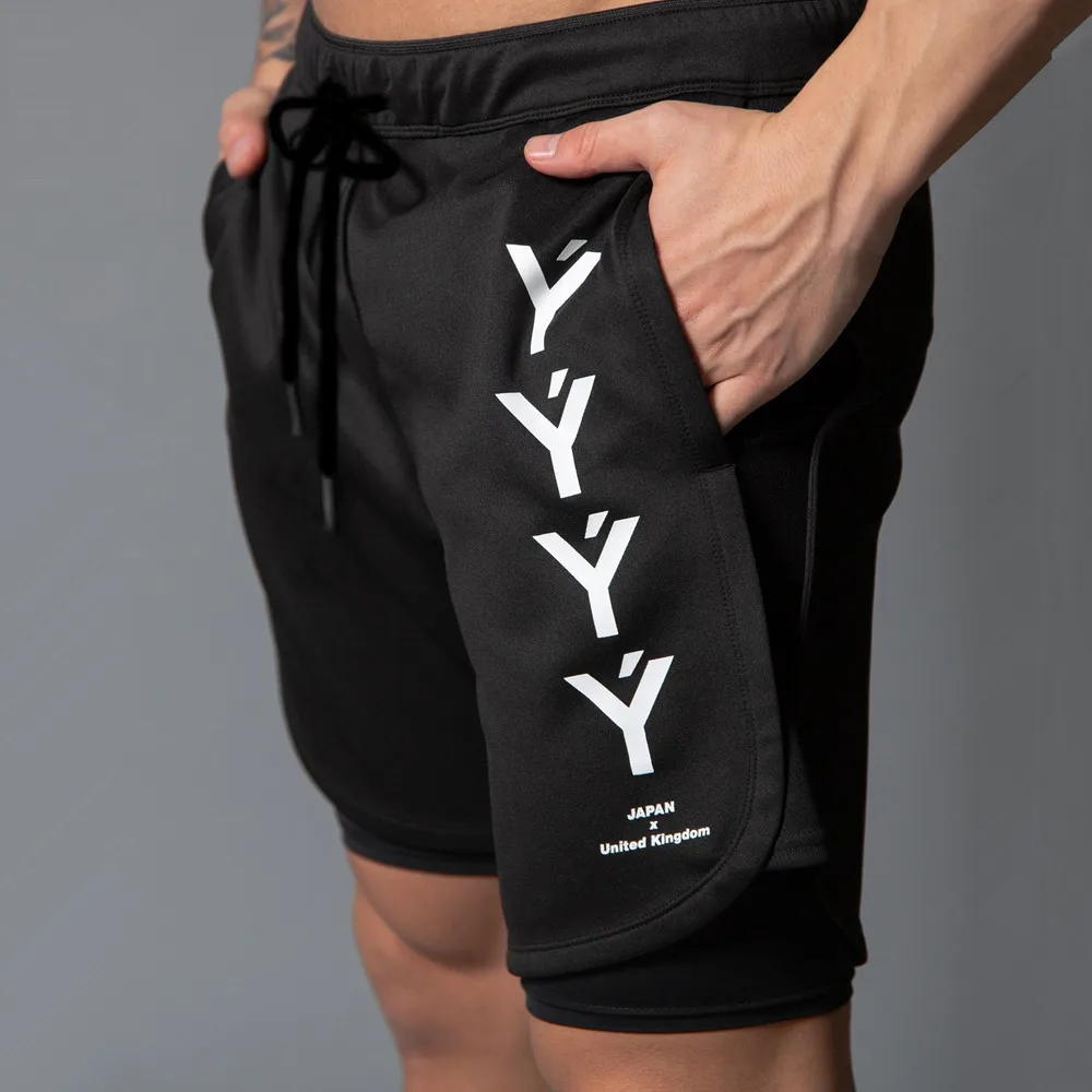 Black (White print) Мужские шорты 2 в 1 для пробежки, спортзала, фитнеса, тренировок, быстросохнущие короткие штаны, мужские летние спортивные тренировочные двухслойные Бермуды - Цвет: Black (White print)