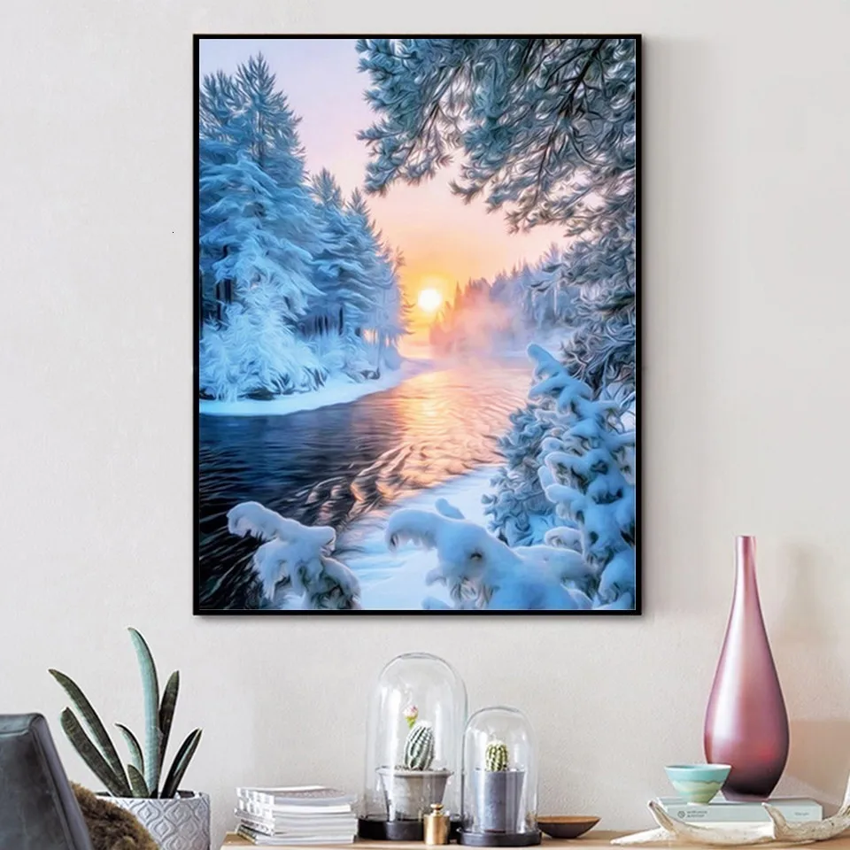 AZQSD Diamond Painting Snow Scenery DIY Full Square Drill Diamond Embroidery Full Set Winter Landscape Cross Stitch Home Decor