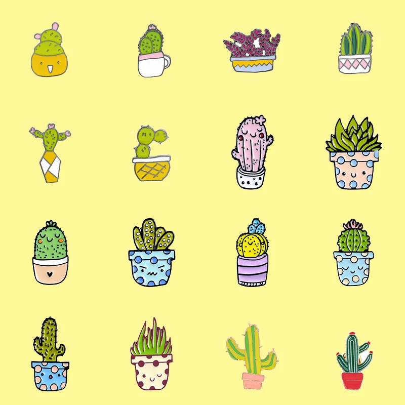 

16 Styles Potted Plant Enamel Pins Cactus Aloe Brooches Lapel Pin Shirt Bag Catoon Badge Natural Jewelry Gift Kids Friends