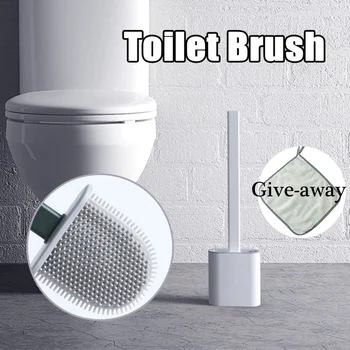 

Silicone Wc Toilet Brush Wall Mounted Flat Head Flexible Soft Bristles Brush With Quick Drying Holder Set For Bathroom Accessory