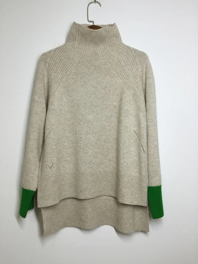 Женский свитер, короткий, сзади, контрастный, ассиметричный, высокий воротник, кашемировый свитер, женский свитер - Цвет: Серый