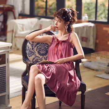 

Sexy Night Dress For Women Deep V Lace Sleepwear Lingerie Silk Nightgown Sleeveless Nightdress Nightwear Summer Homewear