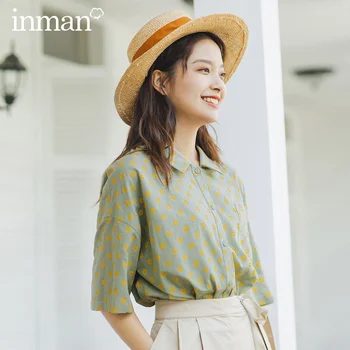 

INMAN 2020 Summer New Arrival Casual Style Little Flower Contarst Color Cute Cool Cotton Half Sleeve Fashion Blouse