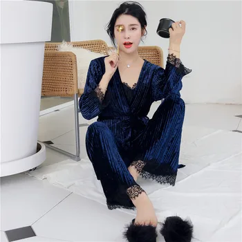 

Women Pajamas 3 Pieces Pajamas Set Gold Velvet 3 Colors Sexy Lace Sleepwear Winter Home Service Home Clothes Female Pyjamas suit
