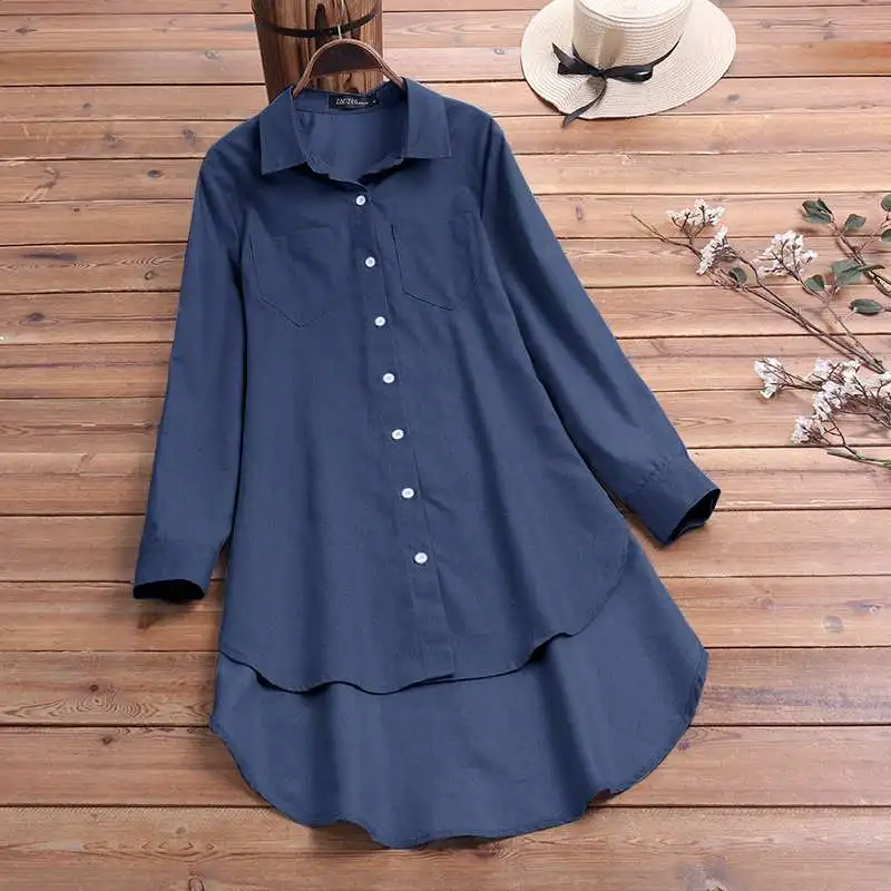 Dark Blue Модная женская ассиметричная блуза, ZANZEA, джинсовая синяя длинная рубашка, повседневная, с отворотом, на пуговицах, для работы, Blusas Vestidos размера плюс, туника - Цвет: Dark Blue