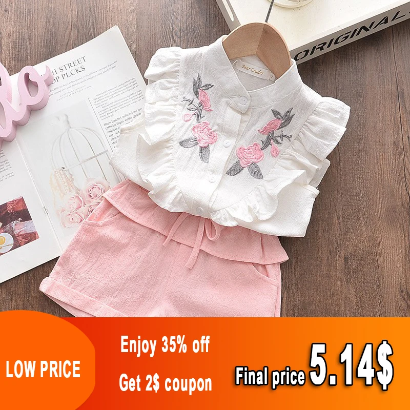 Ladies Embroidered Sleeveless Shirt + Shorts Two-piece Go well with Summer time Cute Flower Garments 3-8 Years Previous Child Informal Sport Go well with Tshirt