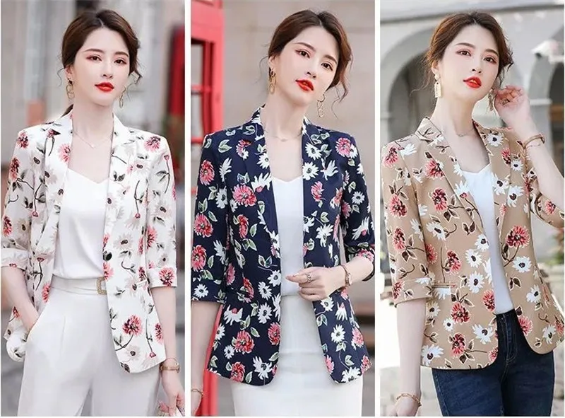 feminino verão estilo fino fried street print pequeno terno jaqueta feminina estilo coreano magro manga de três quartos pequeno terno