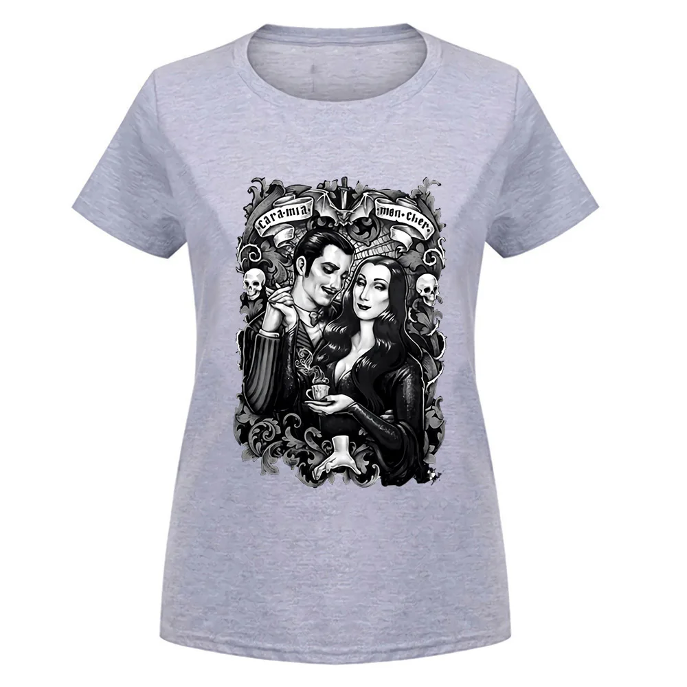 Черная футболка Cara My Mon Cher Morticia And Gomez The Addams family Horror футболка с фигурным рисунком - Цвет: women gray