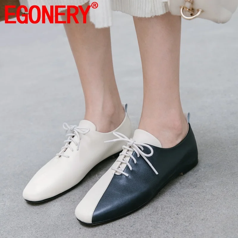 

EGONERY brand design genuine leather black patchwork flats 2019 casual date lace up shoes size 33-43 ladies sqaure toe flats