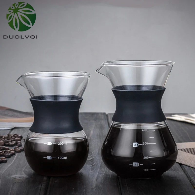 Ручная кофеварка, многоразовый стеклянный кофейник, прочный кофейник, фильтр для кофе из нержавеющей стали, кофейная посуда 200/400 мл