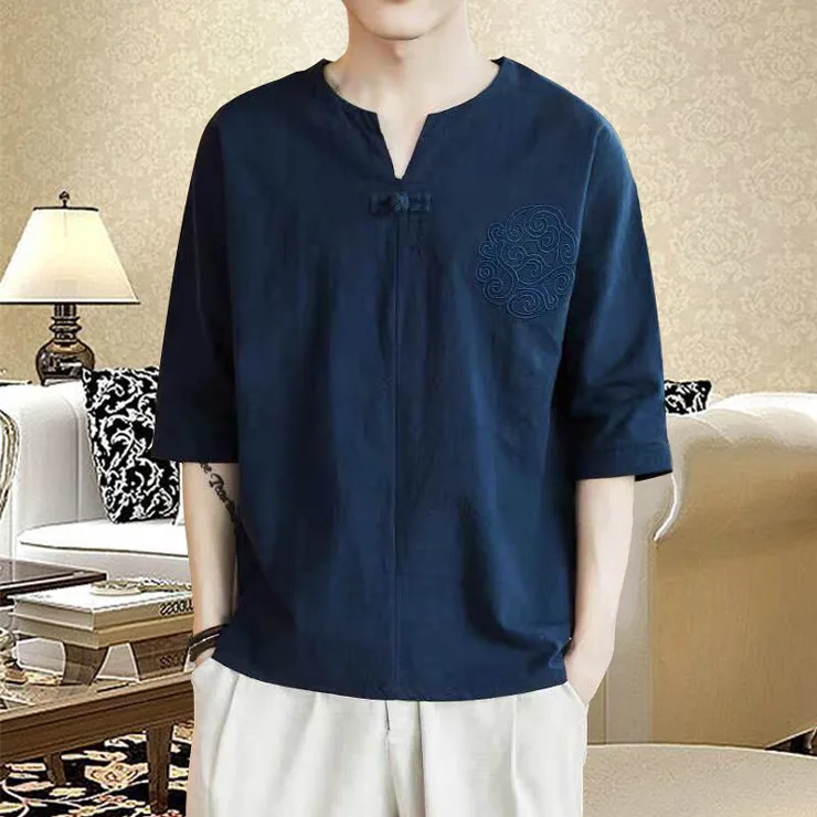 Summer Men Linen Shirt Chinese Style Retro Casual V-neck Tops Plus Size Embroidery Traditional Asian Tang Suit Tops for Man