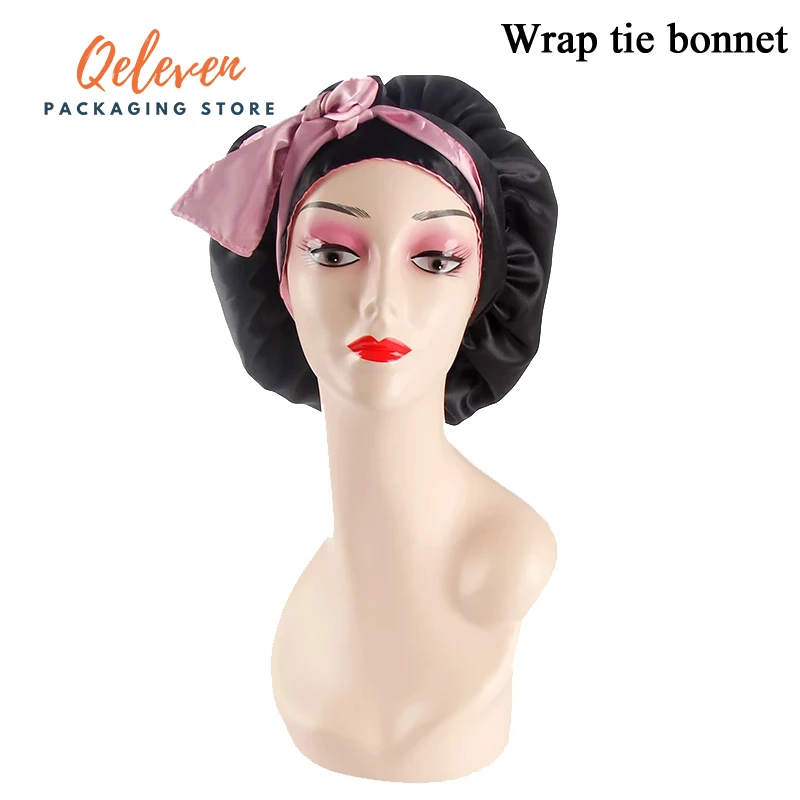 Custom Logo Luxury Satin Double Layer Bonnet With Edge Control Wrap Tie  Headband Silk Satin Hair Bonnet With EDGE LAYING SCARF