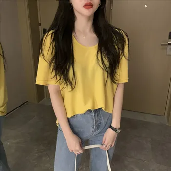 

H.sa Women T-shirts Short Sleeve Big Neck Transparent Sexy Summer Tee Tops Female White Tops Yellow Tee Shirts Loose Tops Women