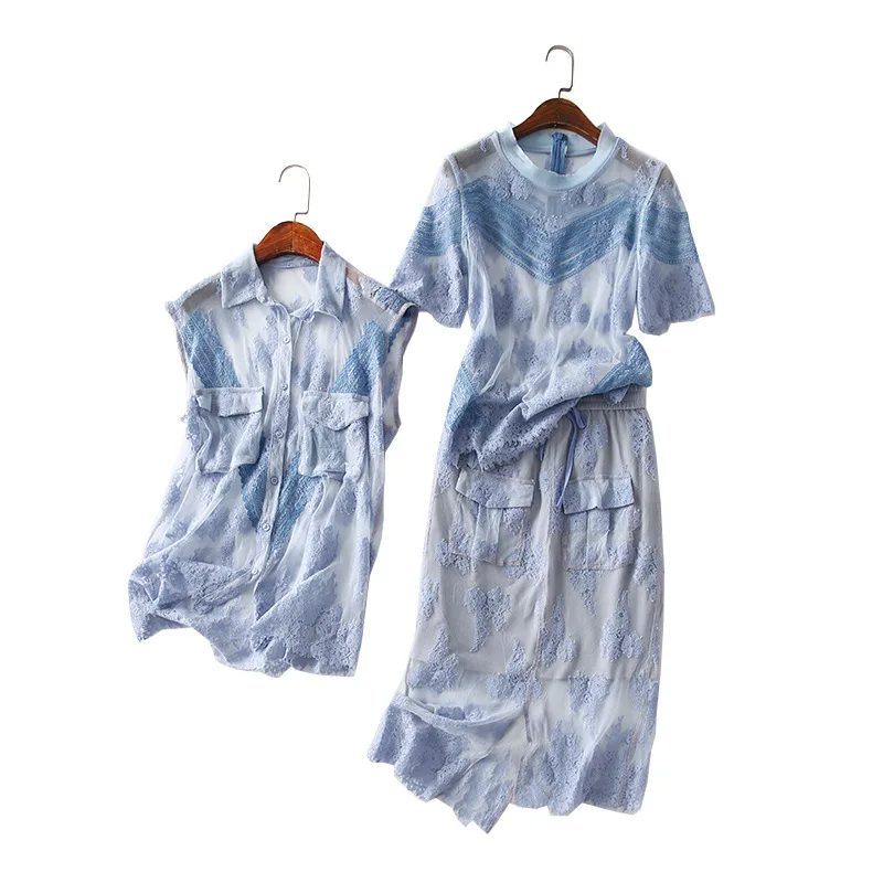 

One's Lace Crochet Short Sleeve T-shirt Sleeveless Shirt Skirt Three-piece Set Entity