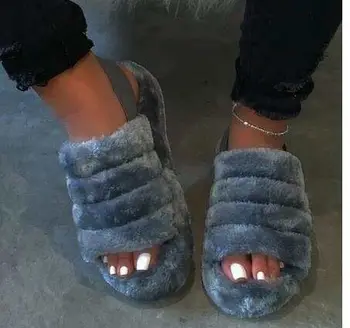 

Furry Slippers Women Home Shoes Comfortable Fur Slides Indoor Slippers Plush Flats Sandals Woman Shoes Zapatillas Mujer 2020