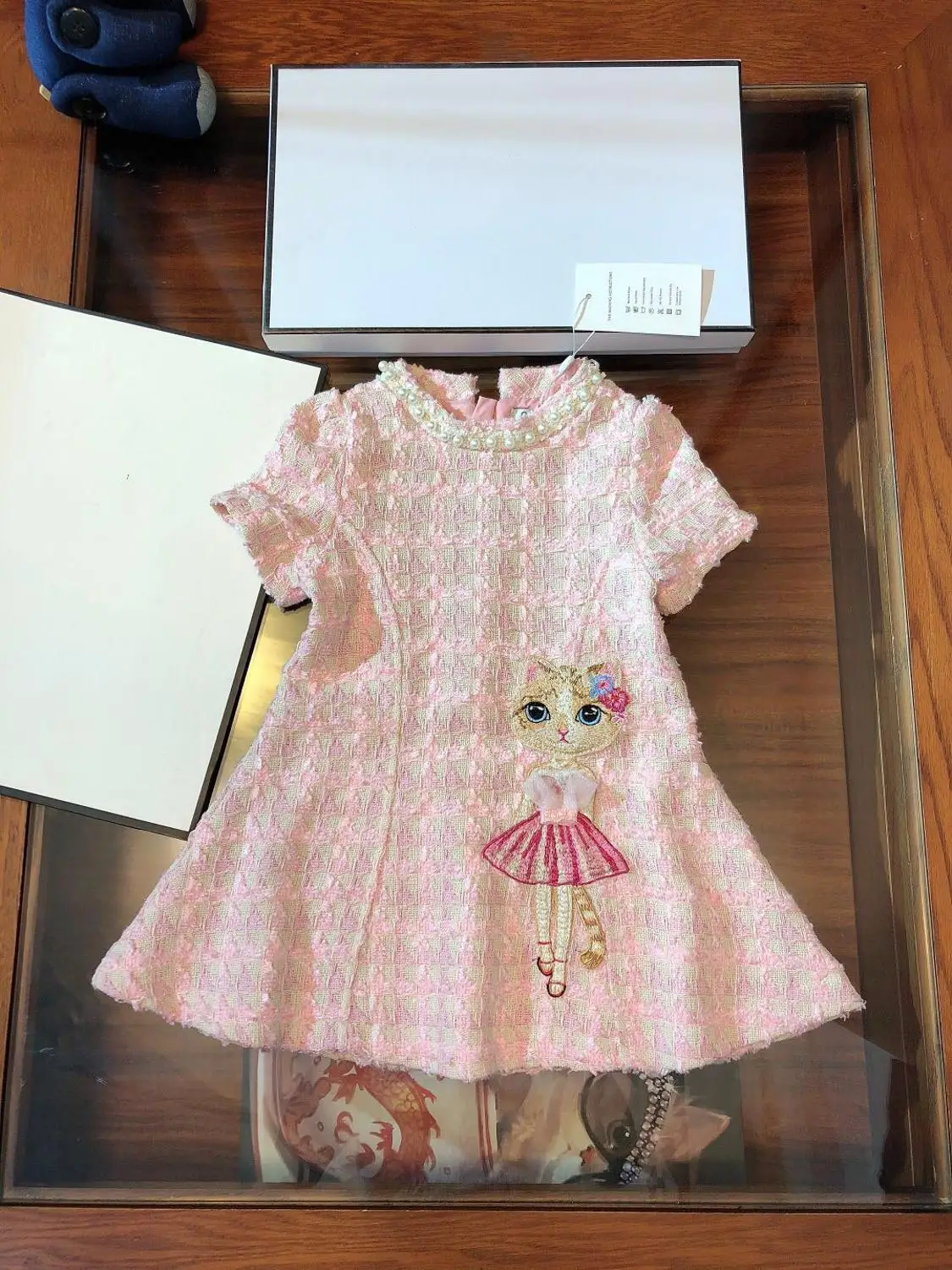 

CC Summer new cute cat cartoon pattern short-sleeved dress fashion pink plaid round Pearl neckline stitching princess dress