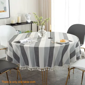 

Striped Dustproof Home Decoration Kitchen Round Tablecloth Oilproof Nordic Style Protective Cover Birthday Party With Tassels