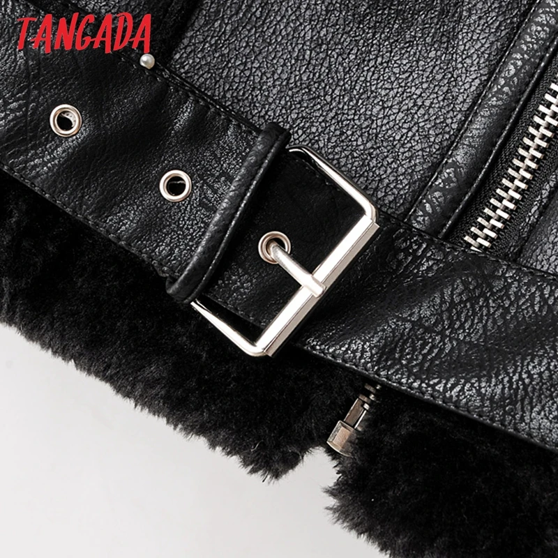 price reduction  Tangada Women fur faux leather jacket coat with belt turn down collar Ladies 2019 Winter Thick Warm