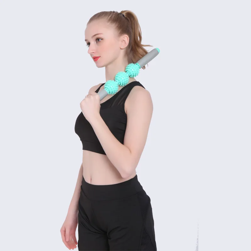 

18inch Gym Muscle Massage Roller Yoga Stick Body Massage Relax Tool Muscle Roller Sticks with 3 Point Spiky Ball