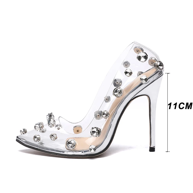 Kcenid/серебристые женские туфли на высоком каблуке-шпильке с острым носком; коллекция года; Прозрачные Свадебные туфли-лодочки из ПВХ со стразами; женская обувь