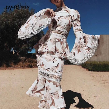 

High Street Runway Print Women's Midi Dress Vestidos Elegant Ruffled Floral Black Sexy Mesh Flare Sleeve Mermaid Bodycon Dress