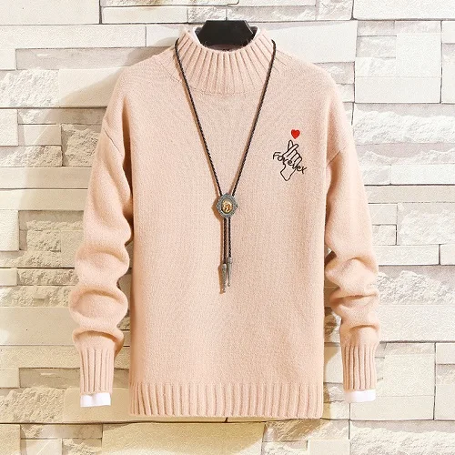 Осенне-зимний мужской Рождественский свитер водолазка повседневные мужские свитера с принтом Slim Fit брендовые Трикотажные мужские пуловеры - Цвет: Розовый