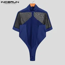 INCERUN Comfortable Homewear New Mens Sexy Casual Short Jumpsuits Solid Color Splicing Breathable Mesh Sleeveless Bodysuit S-5XL