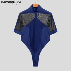 INCERUN Comfortable Homewear New Mens Sexy Casual Short Jumpsuits Solid Color Splicing Breathable Mesh Sleeveless Bodysuit S-5XL