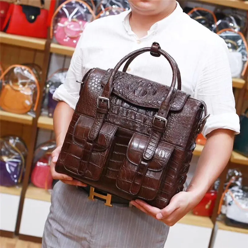 Повседневная дизайнерская мужская сумка из натуральной крокодиловой кожи с карманами и ручками сверху, Мужская большая сумка через плечо из крокодиловой кожи