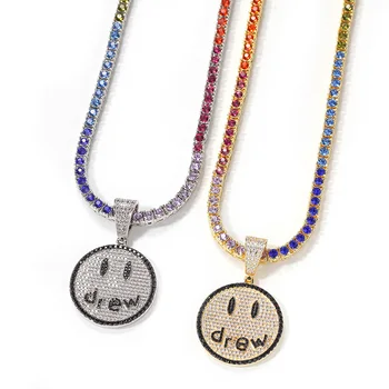 

Hip Hop Prong Setting AAA CZ Stone Bling Ice Out Drew Smiling Face Pendants Necklace Tennis Link Chain for Men Rapper Jewelry