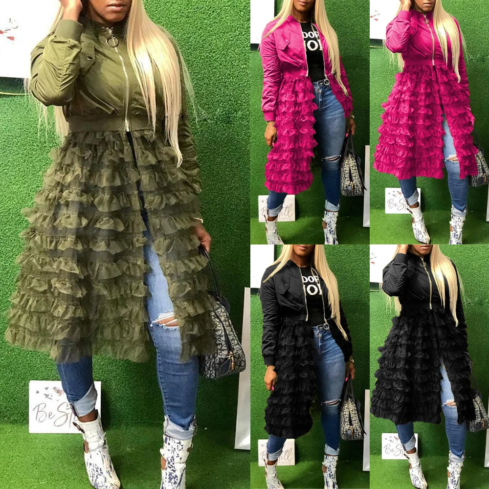 Модное однотонное пальто на молнии для женщин, длинный рукав, сетка, кружевная, комбинированная верхняя одежда с нашивками, Повседневная Свободная длинная куртка, пальто для женщин, верхняя одежда в стиле панк